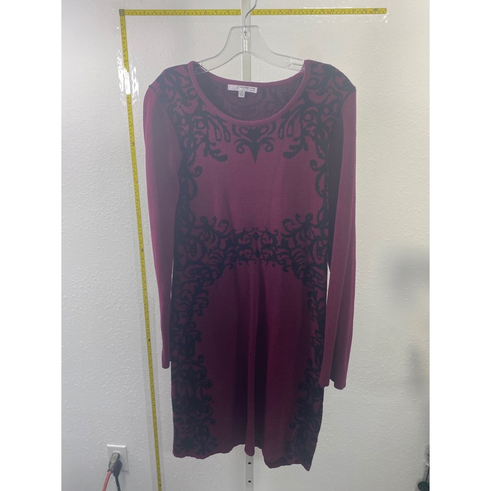Studio One New York Womens Damask Knit Sweater Dress Burgundy Black Size M